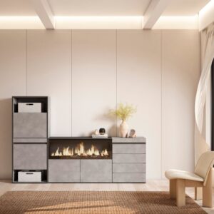 wohnli-moebel-suche-M25100405-1 Schuhschrank Holzeffekt Kamin mit Feuereffekt XXL 224x35x145cm Zement 224x145x35cm Spanplatte Grau Skraut home Möbel Flurmöbel Schuhschränke