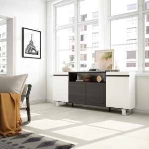 wohnli-moebel-suche-M25100409-1 Sideboard Holzeffekt mit Beinen 200x35x87cm Weiß und Schwarz 200x87x35cm Spanplatte Weiß Skraut home Möbel Esszimmermöbel Sideboards, Highboards & niedrige Anrichten