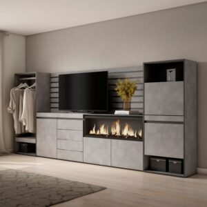 Sideboard Holzeffekt Kamin mit Feuereffekt XXL 334x35x145cm Zement 334x145x35cm Spanplatte Grau Skraut home Möbel Esszimmermöbel Sideboards, Highboards & niedrige Anrichten
