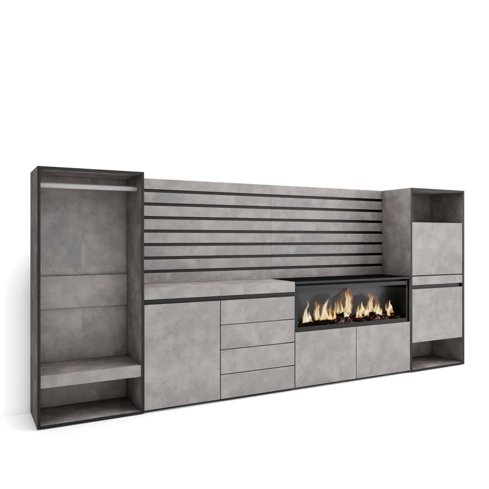 wohnli-moebel-suche-M25100411 Wohnli Möbelsuche - Sideboard Holzeffekt Kamin mit Feuereffekt XXL 334x35x145cm Zement