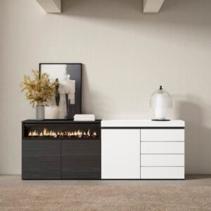 Sideboard Holzeffekt Kamin mit Feuereffekt 207x35x75cm Weiß 207x75x35cm Spanplatte Weiß Skraut home Möbel Esszimmermöbel Sideboards, Highboards & niedrige Anrichten