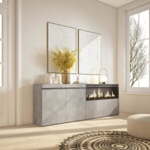 wohnli-moebel-suche-M25100413-1 Sideboard Holzeffekt Kamin mit Feuereffekt XXL 208x35x75cm Zement 208x75x35cm Spanplatte Grau Skraut home Möbel Esszimmermöbel Sideboards, Highboards & niedrige Anrichten