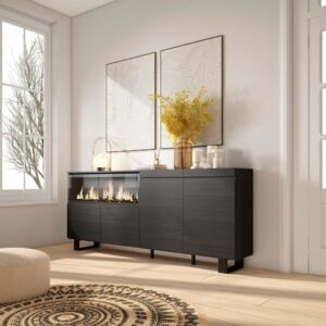 wohnli-moebel-suche-M25100414-1 Sideboard Holzeffekt Kamin mit Feuereffekt XXL 208x35x87cm Schwarz 208x87x35cm Spanplatte Schwarz Skraut home Möbel Esszimmermöbel Sideboards, Highboards & niedrige Anrichten