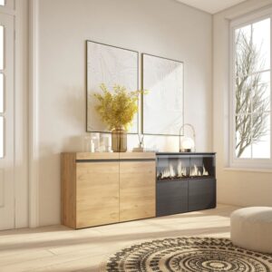 Sideboard Holzeffekt Kamin mit Feuereffekt 208x35x75cm Eiche Schwarz 208x75x35cm Spanplatte Beige Skraut home Möbel Esszimmermöbel Sideboards, Highboards & niedrige Anrichten