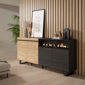 wohnli-moebel-suche-M25100416-1 Sideboard Holzeffekt Kamin mit Feuereffekt 200x35x87cm Eiche Schwarz 200x87x35cm Spanplatte Beige Skraut home Möbel Esszimmermöbel Sideboards, Highboards & niedrige Anrichten