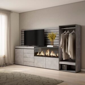 wohnli-moebel-suche-M25100417-1 Sideboard Holzeffekt Kamin mit Feuereffekt XXL 274x35x145cm Zement 274x145x35cm Spanplatte Grau Skraut home Möbel Esszimmermöbel Sideboards, Highboards & niedrige Anrichten