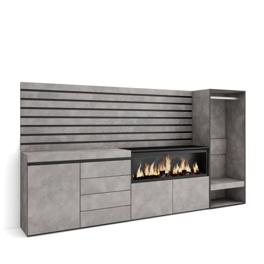 wohnli-moebel-suche-M25100417 Wohnli Möbelsuche - Sideboard Holzeffekt Kamin mit Feuereffekt XXL 274x35x145cm Zement
