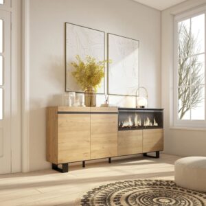 wohnli-moebel-suche-M25100418-1 Sideboard Holzeffekt Kamin mit Feuereffekt XXL 208x35x87cm Eiche 208x87x35cm Spanplatte Beige Skraut home Möbel Esszimmermöbel Sideboards, Highboards & niedrige Anrichten
