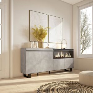 wohnli-moebel-suche-M25100423-1 Sideboard Holzeffekt Kamin mit Feuereffekt XXL 208x35x87cm Zement 208x87x35cm Spanplatte Grau Skraut home Möbel Esszimmermöbel Sideboards, Highboards & niedrige Anrichten