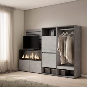 Sideboard Holzeffekt Kamin mit Feuereffekt XXL 227x35x145cm Zement 227x145x35cm Spanplatte Grau Skraut home Möbel Esszimmermöbel Sideboards, Highboards & niedrige Anrichten