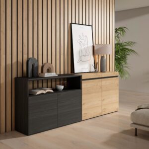 wohnli-moebel-suche-M25100427-1 Sideboard Holzeffekt 200x35x75cm Eiche und Schwarz 200x75x35cm Spanplatte Beige Skraut home Möbel Esszimmermöbel Sideboards, Highboards & niedrige Anrichten