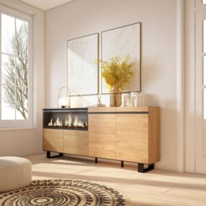 wohnli-moebel-suche-M25100429-1 Sideboard Holzeffekt 208x35x87cm Kamin mit Feuereffekt XXL Eiche 208x87x35cm Spanplatte Beige Skraut home Möbel Esszimmermöbel Sideboards, Highboards & niedrige Anrichten