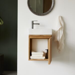 Handwaschbecken-Unterschrank aus massivem Teakholz und Keramik 41x55x22cm Holz Weiß Tikamoon Möbel Badezimmermöbel Waschbecken
