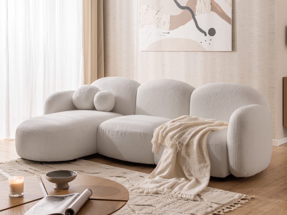 Moderne Ecksofa L-Form aus Bouclé-Stoff mit abgerundetem Design 146x80x268cm Holz Weiß S-Style Sofas und Sessel Sofas Ecksofas
