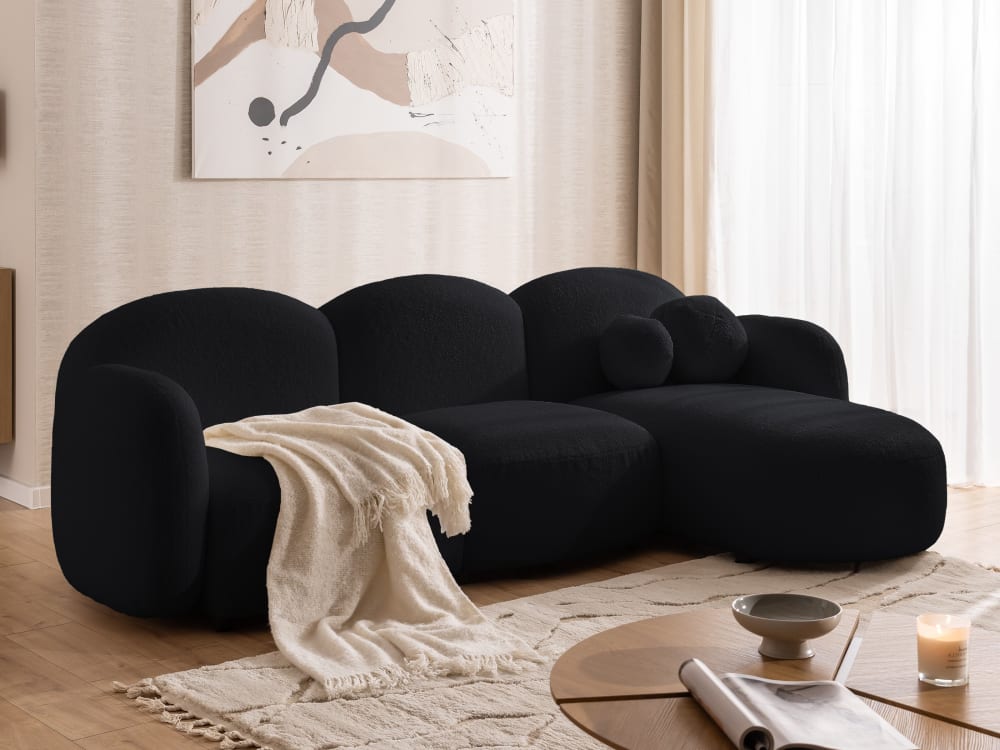 Moderne Ecksofa L-Form aus Bouclé-Stoff mit abgerundetem Design 146x80x268cm Holz Schwarz S-Style Sofas und Sessel Sofas Ecksofas