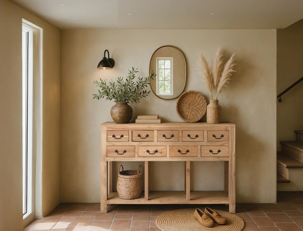 Konsole aus massivem Mindiholz mit 9 Schubladen 120x80x30cm Holz Braun GINER Y COLOMER Möbel Wohnzimmermöbel Konsolentische