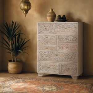 wohnli-moebel-suche-M25106280-1 Handgeschnitzte Kommode aus Mangoholz mit zehn Schubladen 70x90x30cm Holz Weiß GINER Y COLOMER Möbel Schlafzimmermöbel Kommoden