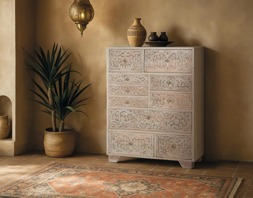 wohnli-moebel-suche-M25106280-1 Handgeschnitzte Kommode aus Mangoholz mit zehn Schubladen 70x90x30cm Holz Weiß GINER Y COLOMER Möbel Schlafzimmermöbel Kommoden