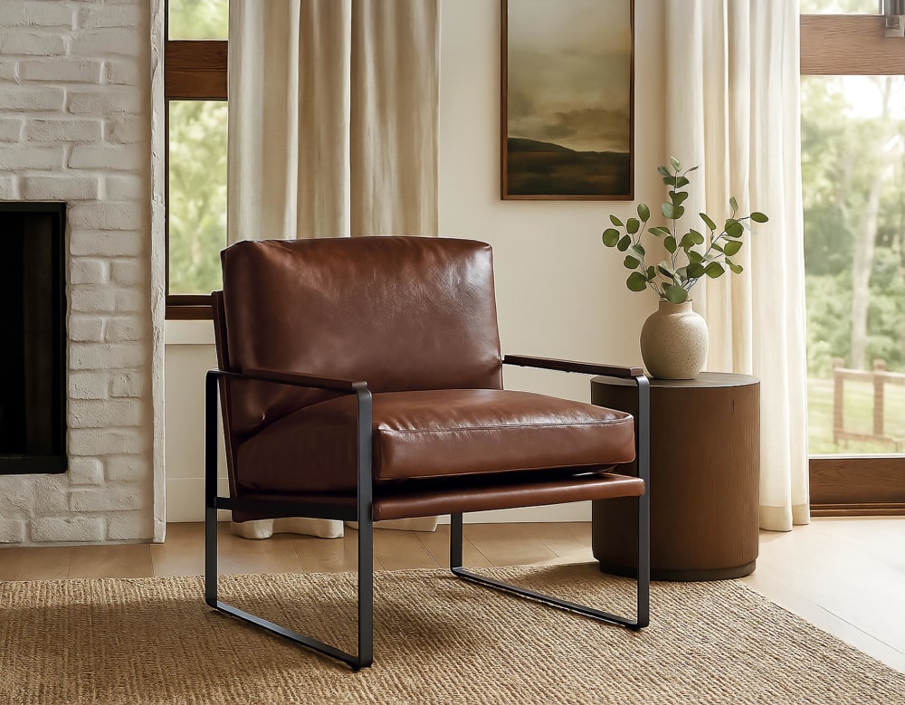 Sessel aus schwarzem Eisen und gealtertem braunem Kunstleder 70x86x80cm Stahl Schwarz GINER Y COLOMER Sofas und Sessel Sessel, Poufs und Fußbänke Sessel