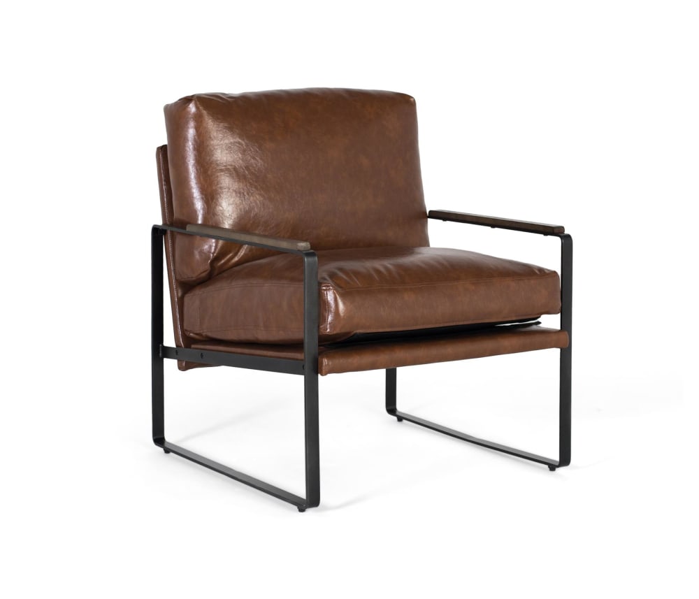 Wohnli Möbelsuche - Sessel aus schwarzem Eisen und gealtertem braunem Kunstleder