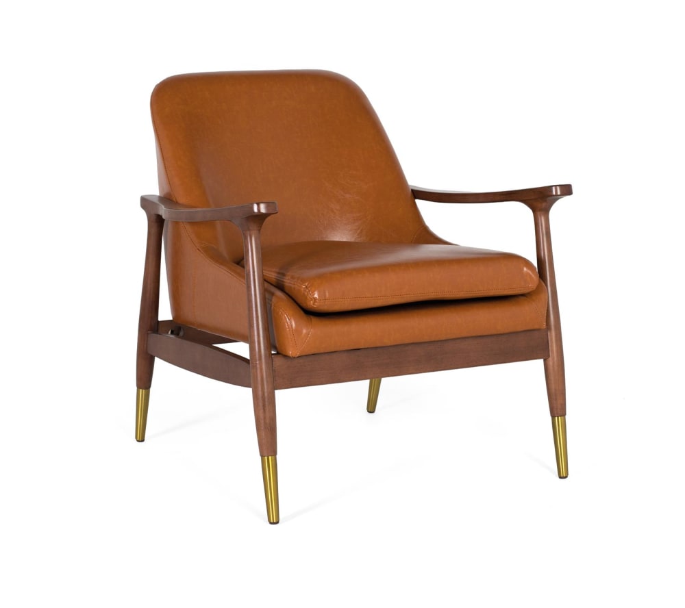 wohnli-moebel-suche-M25106290 Wohnli Möbelsuche - Moderner Sessel aus Holz und braunem PU mit goldenen Details