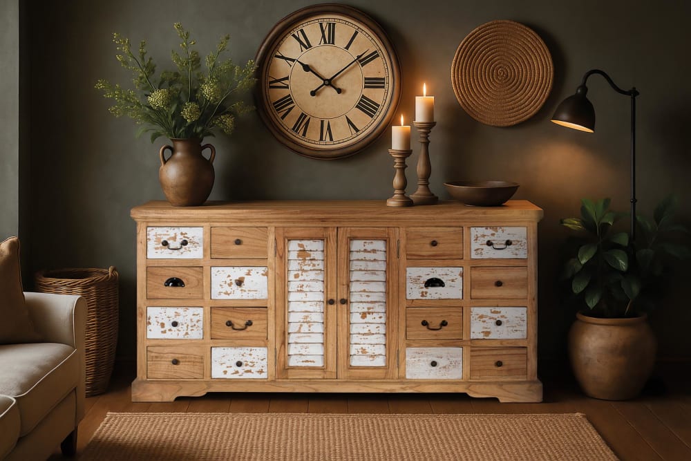 Sideboard aus massivem Mindiholz mit 12 Schubladen und 2 Türen 160x77x50cm Holz Braun GINER Y COLOMER Möbel Esszimmermöbel Sideboards, Highboards & niedrige Anrichten