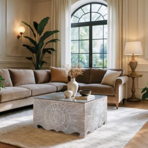 wohnli-moebel-suche-M25106313-1 Couchtisch mit handgemalten geometrischen Mustern und Glas 80x45x80cm Holz Weiß GINER Y COLOMER Möbel Wohnzimmermöbel Couchtische