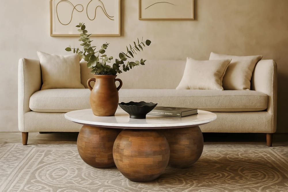Runder Couchtisch aus Marmor und Teakholz 90x46x90cm Marmor Gold GINER Y COLOMER Möbel Wohnzimmermöbel Couchtische