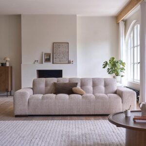 Gerades Sofa mit 4 Sitzplätzen aus beigefarbenem gewebtem Samt 243x74x97cm Samt Beige BERAH GETAH Sofas und Sessel Sofas 2-Sitzer-Sofas & 3-Sitzer-Sofas