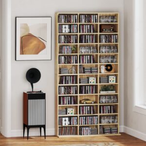 wohnli-moebel-suche-M25107960-1 Rangements pour CD et DVD 36 compartiments MDF chêne 102x195x24cm Holz Beige Homcom Möbel Wohnzimmermöbel Bücherregale
