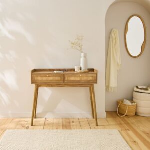 wohnli-moebel-suche-M25109311-1 Konsole 2 Schubladen mit Rattanfronten und Holzbeinen L100 cm 100x85x35cm Spanplatte Beige Calicosy Möbel Wohnzimmermöbel Konsolentische