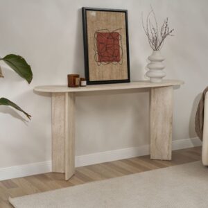wohnli-moebel-suche-M25109312-1 Konsole mit zwei Beinen L150 cm - Travertindekor 150x75x35cm Spanplatte Beige Calicosy Möbel Wohnzimmermöbel Konsolentische