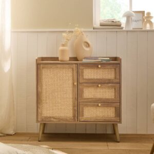 wohnli-moebel-suche-M25109349-1 Kommode mit 1 Tür und 3 Schubladen Rattanfronten und Holzfüßen L80 cm 80x80x39cm Spanplatte Beige Calicosy Möbel Schlafzimmermöbel Kommoden