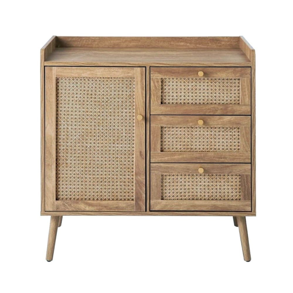 wohnli-moebel-suche-M25109349 Wohnli Möbelsuche - Kommode mit 1 Tür und 3 Schubladen Rattanfronten und Holzfüßen L80 cm