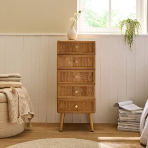 wohnli-moebel-suche-M25109353-1 Hochkommode mit 5 Schubladen und lamellenartiger Front H100 cm 42x100x35cm Spanplatte Beige Calicosy Möbel Schlafzimmermöbel Aufbewahrungsmöbel