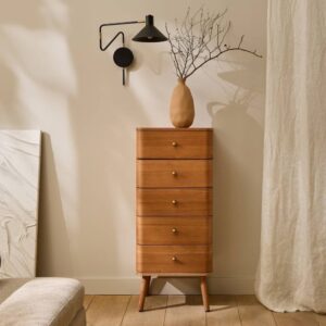 wohnli-moebel-suche-M25109354-1 Hochkommode mit 5 Schubladen H100 cm - Holzdekor hell 42x100x35cm Spanplatte Braun Calicosy Möbel Schlafzimmermöbel Kommoden
