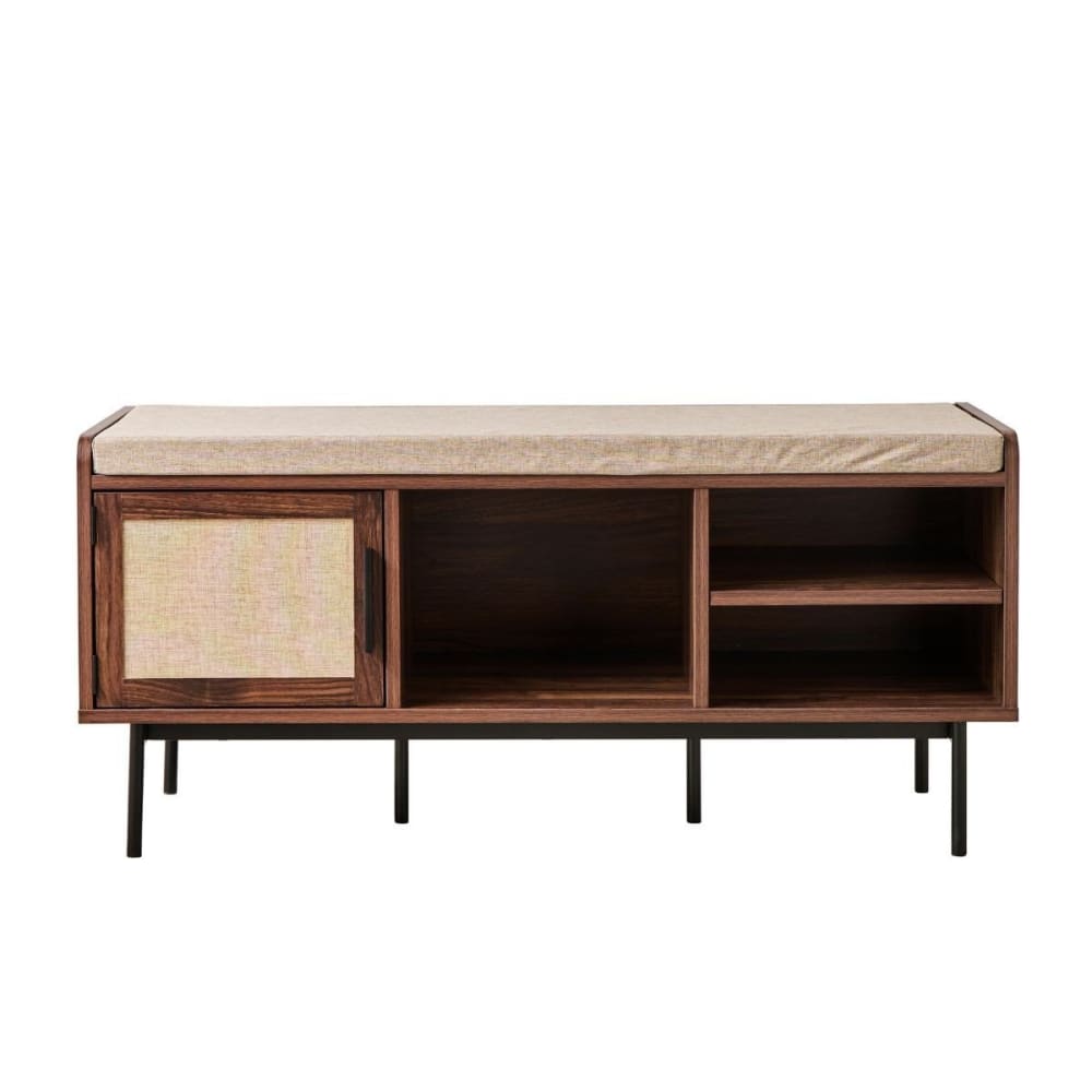 wohnli-moebel-suche-M25109356 Wohnli Möbelsuche - Schuhbank Nussbaumdekor 3 Fächer 1 Tür mit Stofffront L100 cm
