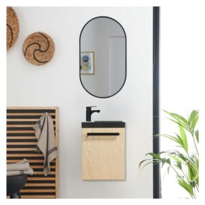 wohnli-moebel-suche-M25109529-1 Nevada Wandwaschtisch-Set mit schwarzer Armatur und ovalem Spiegel 21x53x41cm Spanplatte Braun Mob In Möbel Badezimmermöbel Waschtische