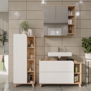 wohnli-moebel-suche-M25109754-1 Badmöbel-Set 3 Teile Sonoma/Weiß 100x65cm 100x65x35cm Spanplatte Braun Vicco Möbel Badezimmermöbel