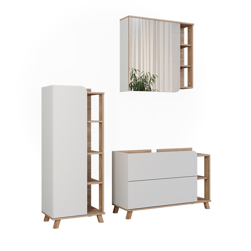 Wohnli Möbelsuche - Badmöbel-Set 3 Teile Sonoma/Weiß 100x65cm