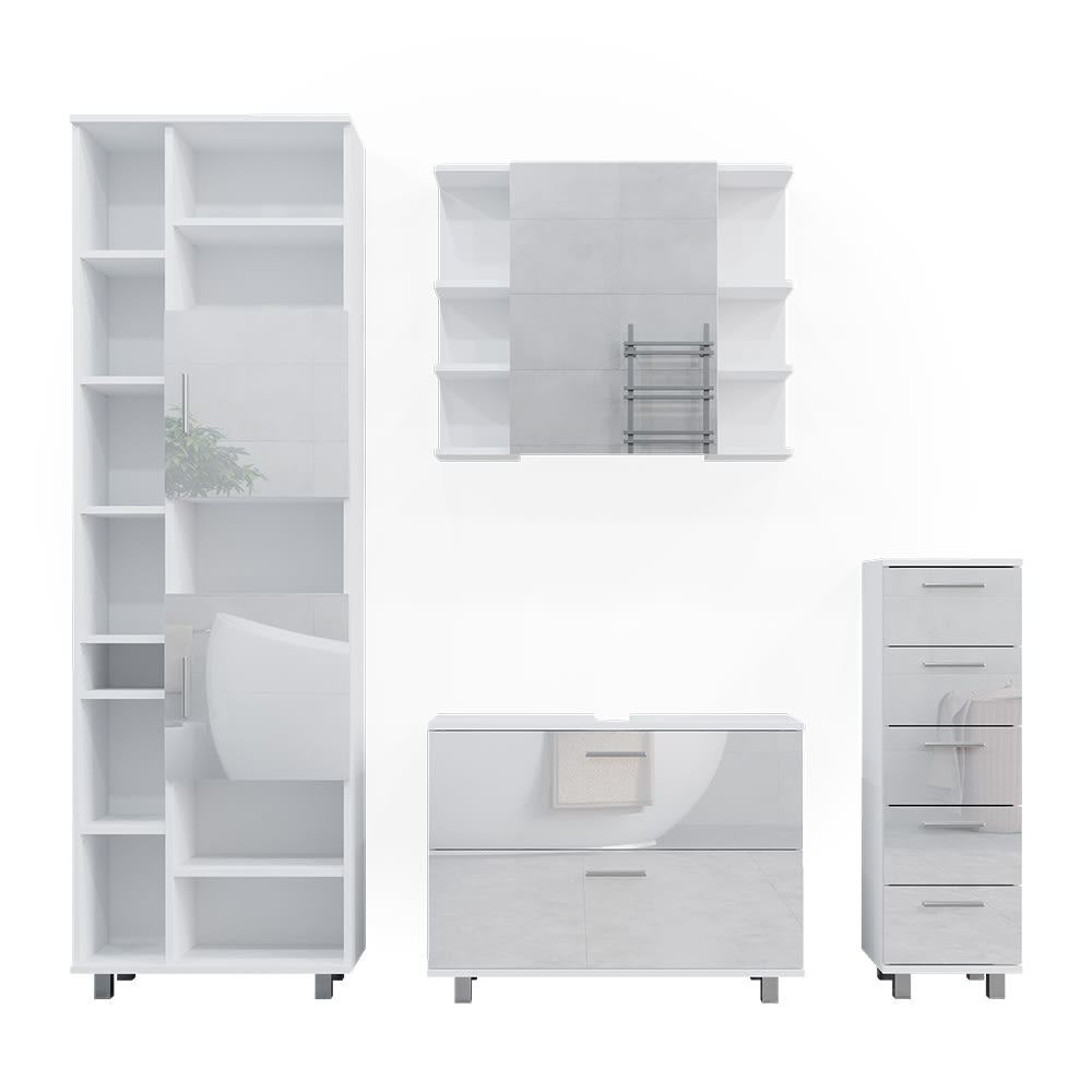 wohnli-moebel-suche-M25110691 Wohnli Möbelsuche - Badmöbel-Set 4 Teile mit Hochschrank Weiß Hochglanz 80