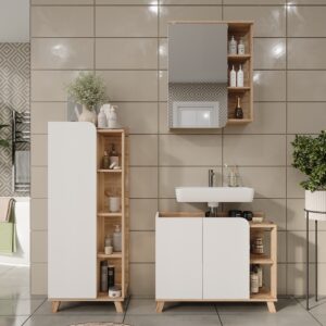wohnli-moebel-suche-M25110692-1 Badmöbel-Set 3 Teile Sonoma/Weiß 80x65cm 80x65x35cm Spanplatte Braun Vicco Möbel Badezimmermöbel