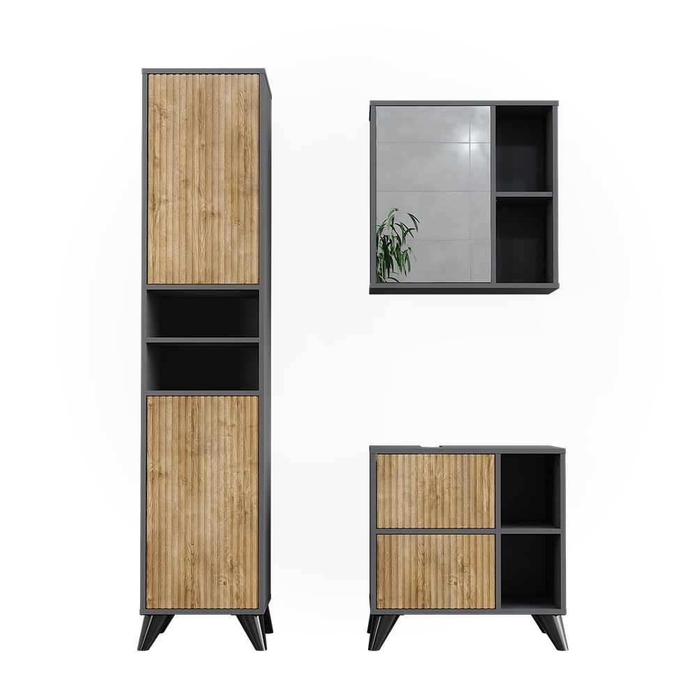 Wohnli Möbelsuche - Badmöbel-Set 3 Teile Anthrazit/Bergeiche 60x62cm
