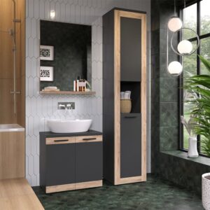wohnli-moebel-suche-M25110703-1 Hochschrank Anthrazit/Viking Oak 40x194.3cm 40x195x35cm Spanplatte Schwarz Vicco Möbel Badezimmermöbel Bad-Hochschränke