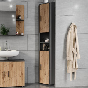 wohnli-moebel-suche-M25110711-1 Hochschrank mit 2 Türen Anthrazit/Goldkraft Eiche 33x192cm 33x192x33cm Spanplatte Schwarz Vicco Möbel Badezimmermöbel Bad-Hochschränke