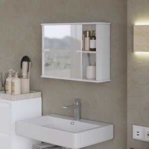 wohnli-moebel-suche-M25110734-1 Badspiegelschrank mit 2 Schiebe-Spiegeltüren Weiß 55x40cm 55x40x14cm Bambus Weiß Vicco Möbel Badezimmermöbel Badezimmerschränke