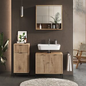 wohnli-moebel-suche-M25110785-1 Badschrank mit Tür und Schublade Viking Oak 40x87cm 40x87x35cm Spanplatte Braun Vicco Möbel Badezimmermöbel