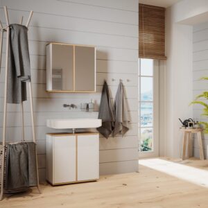 wohnli-moebel-suche-M25110807-1 Badspiegelschrank mit zwei Spiegeltüren Weiß 60x60cm 60x60x20cm Spanplatte Weiß Vicco Möbel Badezimmermöbel Badezimmerschränke