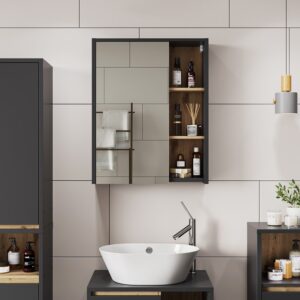 wohnli-moebel-suche-M25110822-1 Badspiegelschrank mit offenen Regalen Grau 60x75cm 60x75x18cm Spanplatte Grau Vicco Möbel Badezimmermöbel Badezimmerschränke