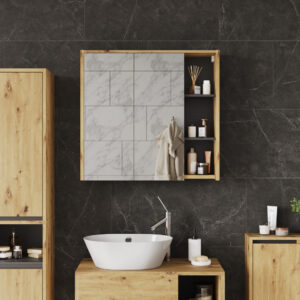wohnli-moebel-suche-M25110829-1 Badspiegelschrank mit offenen Regalen Artisan/Grau 80x75cm 80x75x18cm Spanplatte Braun Vicco Möbel Badezimmermöbel Badezimmerschränke